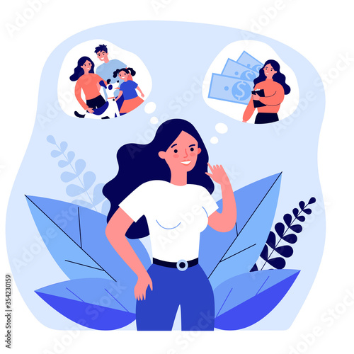 Young woman choosing between career and family. Speech bubble, money, children flat vector illustration. Choice, solution, comparison concept for banner, website design or landing web page