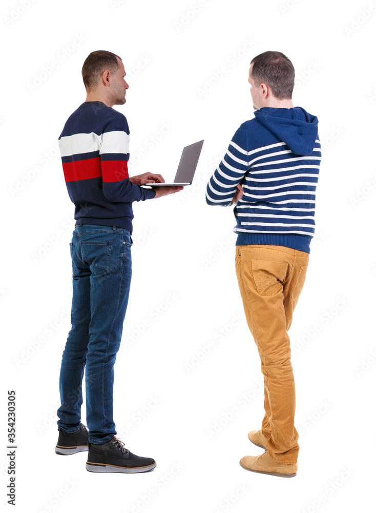 Back view two man in sweater with laptop. Back view two man in sweater with laptop.