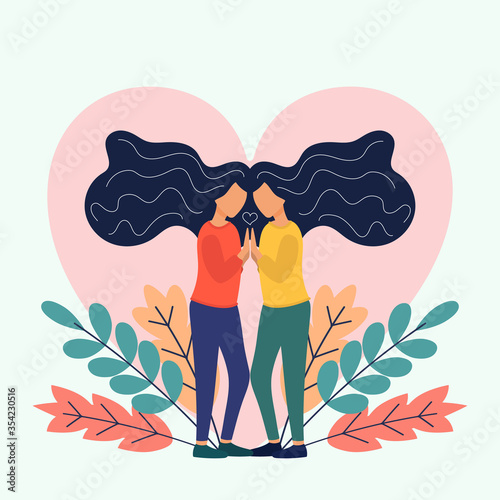 Two Sisters. flat vector illustrations of two happy twins loving and supporting each other. Family, sisterhood, twins holding hands. Vector illustration