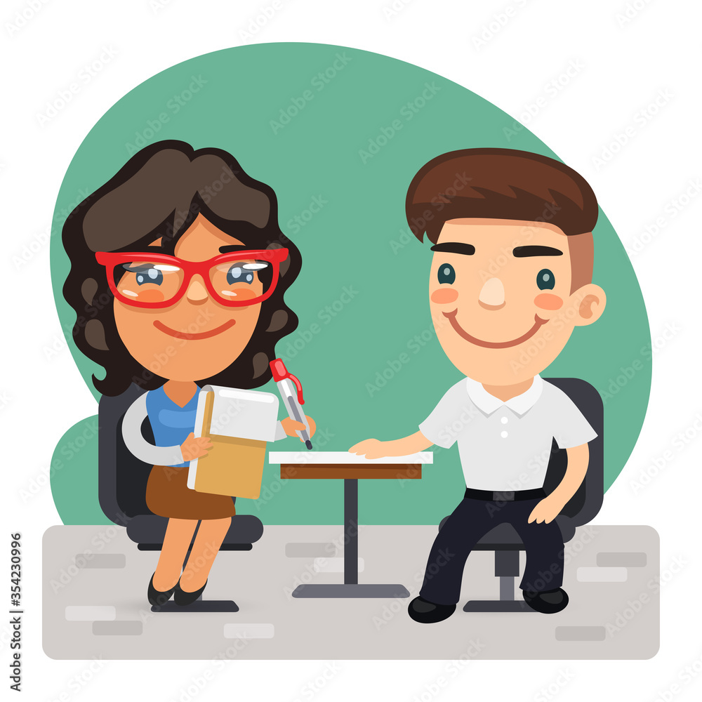 A cartoon journalist interviews a man. Composition with a professionals. Flat style design characters. A cartoon journalist interviews a man. Composition with a professionals. Flat style design characters.