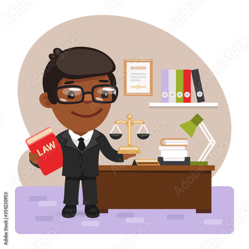 Cartoon judge with the law book in office near the table. Composition with a professional. Flat male character.