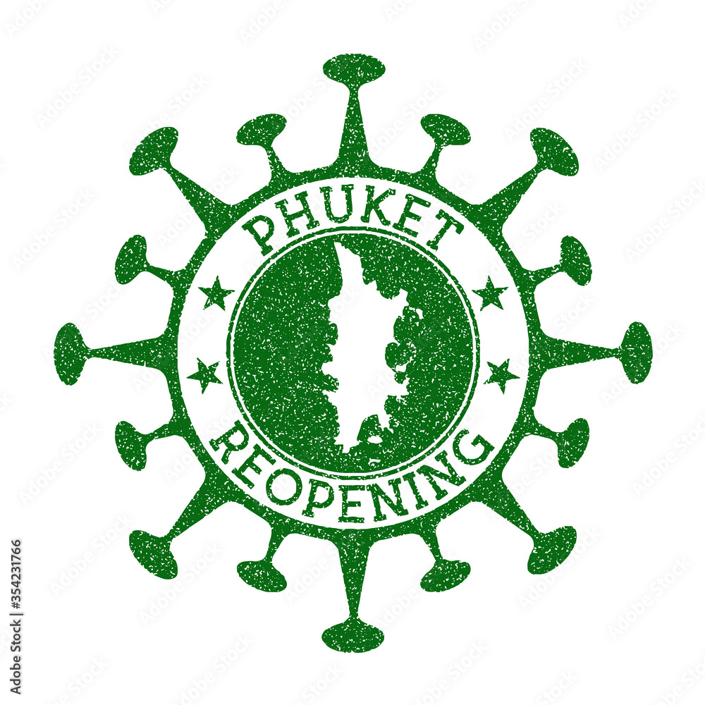 Phuket Reopening Stamp. Green round badge of island with map of Phuket. Island opening after lockdown. Vector illustration.
