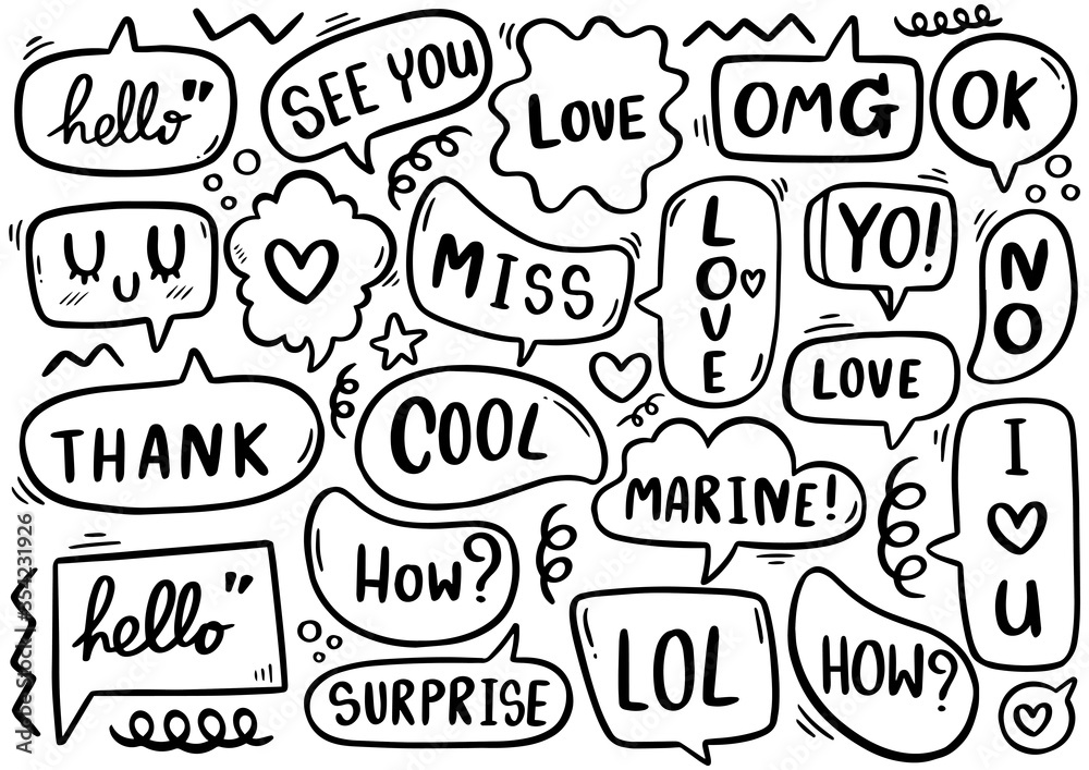0081 hand drawn background Set of cute speech bubble eith text in doodle style