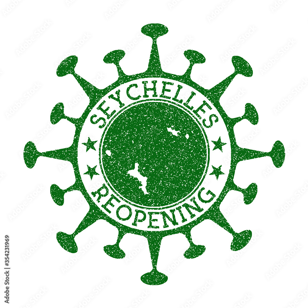Seychelles reopening stamp. Green round badge of island with map of Seychelles. Island opening after lockdown. Vector illustration. Seychelles reopening stamp. Green round badge of island with map of Seychelles. Island opening after lockdown. Vector illustration.