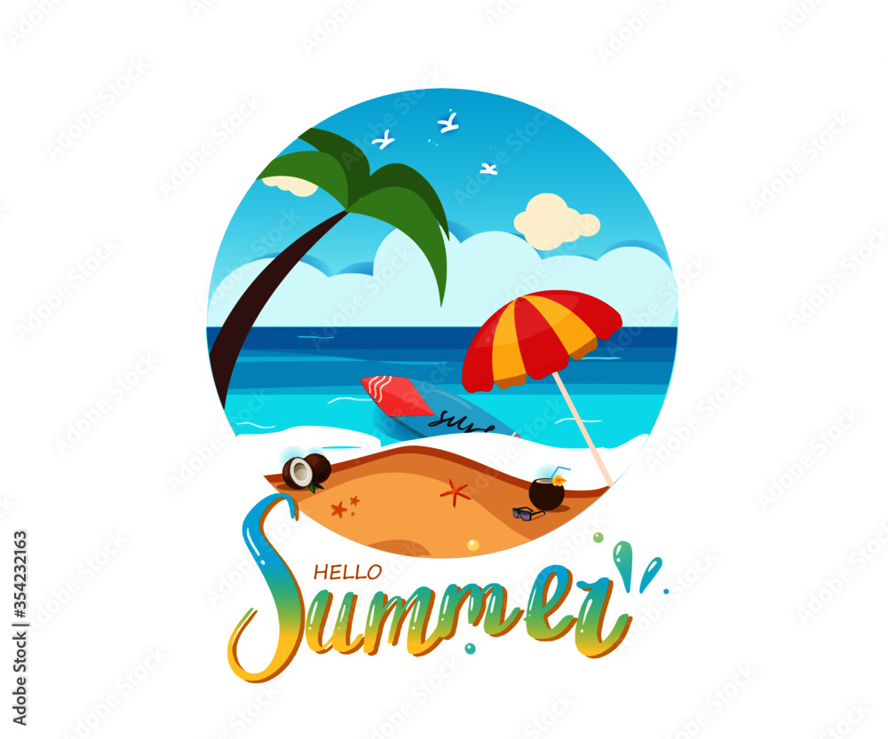 Hello Summer/tropical beach concept with surfboard, beach umbrella, palm tree, coconut fruits, and sunglasses at the beach with text splash water design  for banner, template, label tag summer sale.