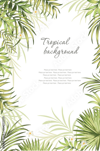 Vector tropical backgriound with hibiscus flowers, orchids and palm leaves. Summer exotic illustration.