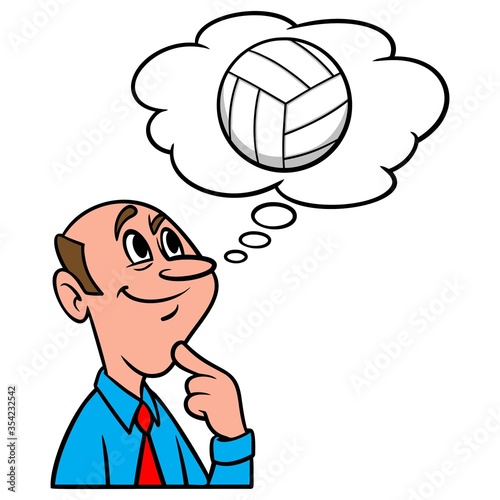 Thinking about Volleyball - A cartoon illustration of a man thinking about Volleyball.
