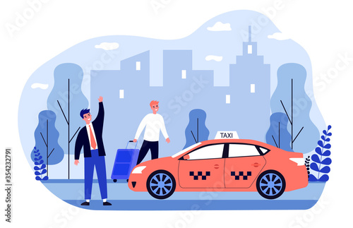 Happy businessman taking taxy. Luggage, cab, transport to airport flat vector illustration. City traffic, travel, transportation concept for banner, website design or landing web page