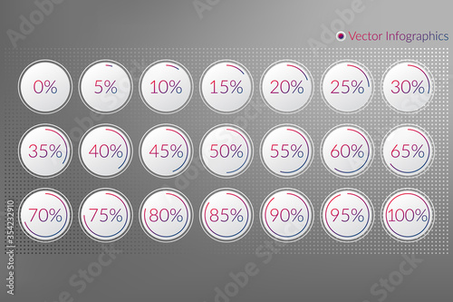 Percentage vector infographic icons set. 0 5 10 15 20 25 30 35 40 45 50 55 60 65 70 75 80 85 90 95 100 percent isolated pie chart signs for business, web design, downloading, progress
