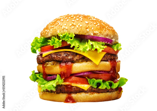 Double American beef burger with cheese, onion, tomato, salad and ketchup. Hamburger close-up isolated on a white background