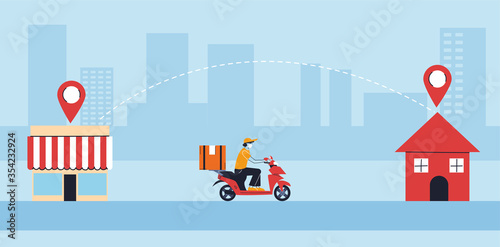 delivery man in protective face mask carries deliver to people in quarantine, motorcycle courier