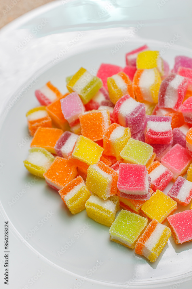 A pile of fruity gummy jelly sweets. A pile of fruity gummy jelly sweets.