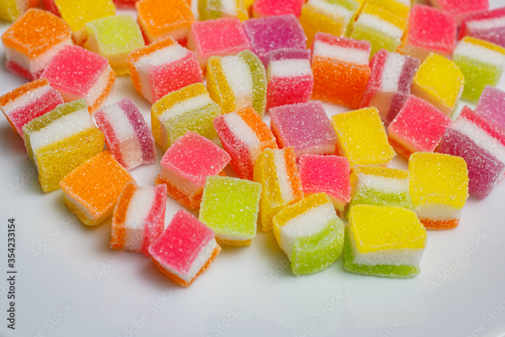 A pile of fruity gummy jelly sweets. A pile of fruity gummy jelly sweets.