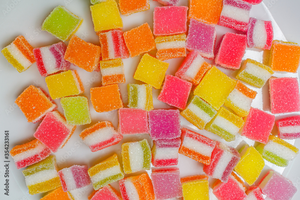 A pile of fruity gummy jelly sweets. A pile of fruity gummy jelly sweets.