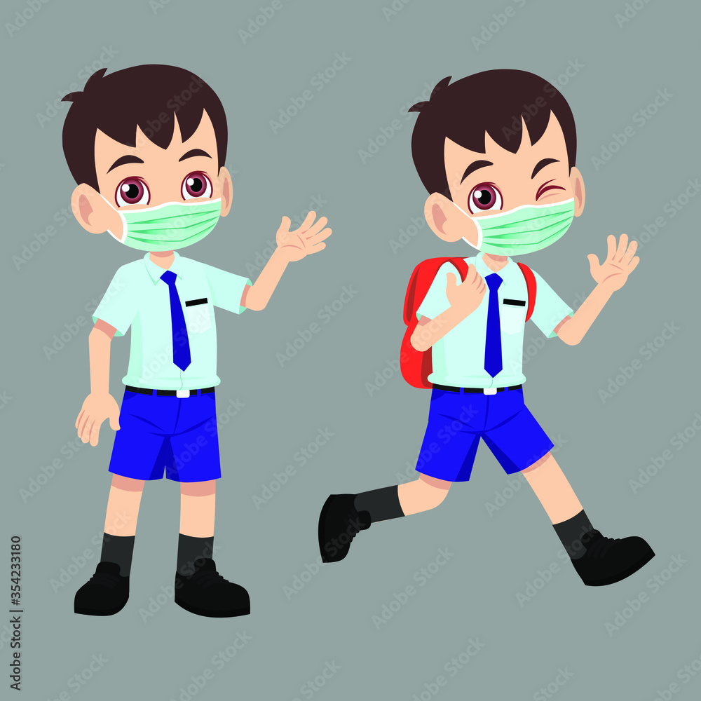 A student boy back to school with mask
