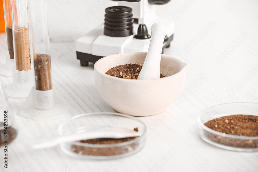 Samples of soil on table in laboratory