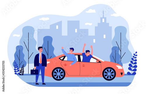 Businessman watching cheerful guys riding car. Vehicle, business and fun activity flat vector illustration. Work and leisure, city transport concept for banner, website design or landing web page