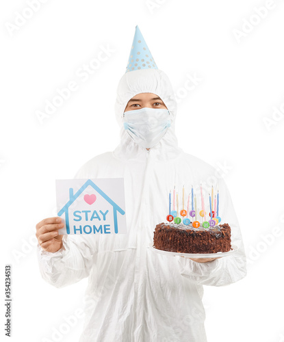 Asian man in biohazard suit...