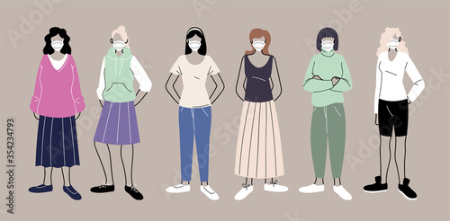 people in protective medical face masks, women wearing protection from coronavirus