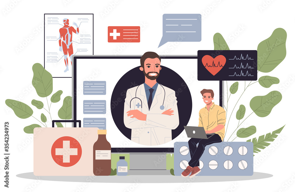 Online doctor illustration. Young patient with laptop chatting with practitioner. Medical consulting app for healthcare, medicine, internet communication concept