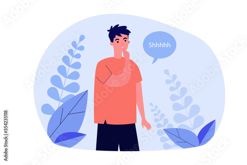 Young man showing shh or stop talking gesture, keeping secret and conspiracy. Flat vector illustration for silence, keeping quiet, secrecy concept