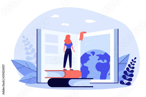 Student girl standing at open book, studying global literature, training skills. Flat vector illustration for education, knowledge, school, library concept
