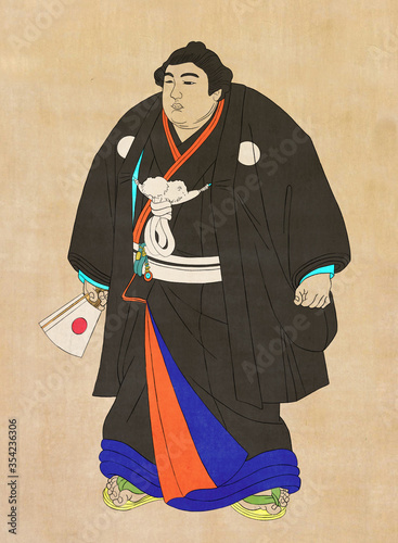 Sumo man with ceremony formal Japanese kimono on old paper