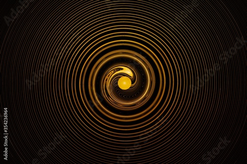 Golden glowing spirals, abstract background for design.