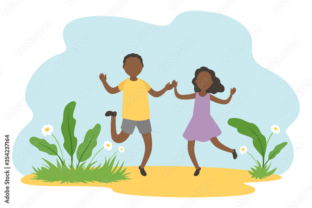 African-American boy and girl jump together. Vacations. Vector illustration.