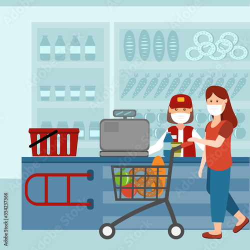 Woman at the checkout of a grocery store in a medical protective mask against the virus, color vector illustration in flat style, design, decoration