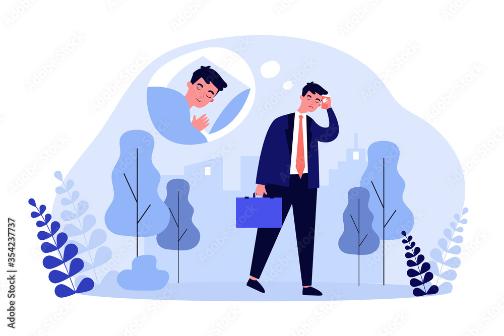 Tired sleepy office man walking to work. Sad exhausted businessman going outside. Flat vector illustration for coffee addiction, insomnia, sleep problem concept Tired sleepy office man walking to work. Sad exhausted businessman going outside. Flat vector illustration for coffee addiction, insomnia, sleep problem concept