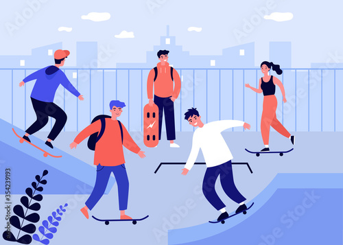 Teenage girls and guys enjoying skateboard activities. Young skateboarders practicing jumps in extreme skating park. Flat vector illustration for skatepark, active lifestyle, leisure, sport concept