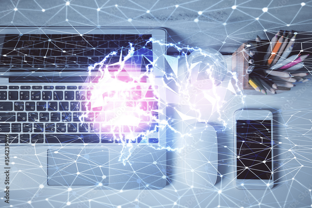 Multi exposure of brain sketch hologram over topview work table background with computer. Concept of big data. Multi exposure of brain sketch hologram over topview work table background with computer. Concept of big data.
