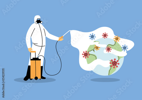 man wears protective suit, disinfection by coronavirus or covid 19