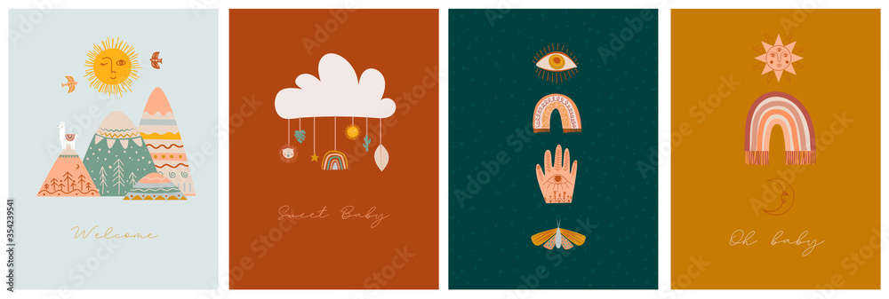 Set of Baby Shower cards with cute boho elements for kids, decorative doodle and animals. Editable Vector illustration. Set of Baby Shower cards with cute boho elements for kids, decorative doodle and animals. Editable Vector illustration.