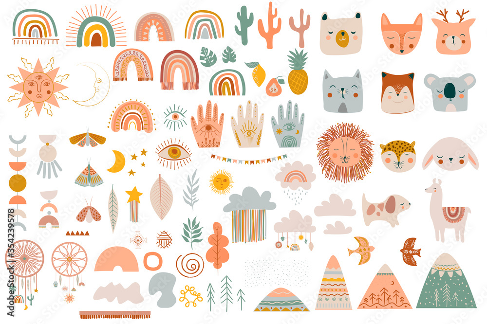 Set of cute kids boho elements, hand draw doodle and animals. Cartoon doodle kids illustration template in scandinavian style. Editable vector illustration.