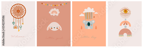 Photography Set of Baby Shower cards with cute boho elements for kids, decorative doodle and animals