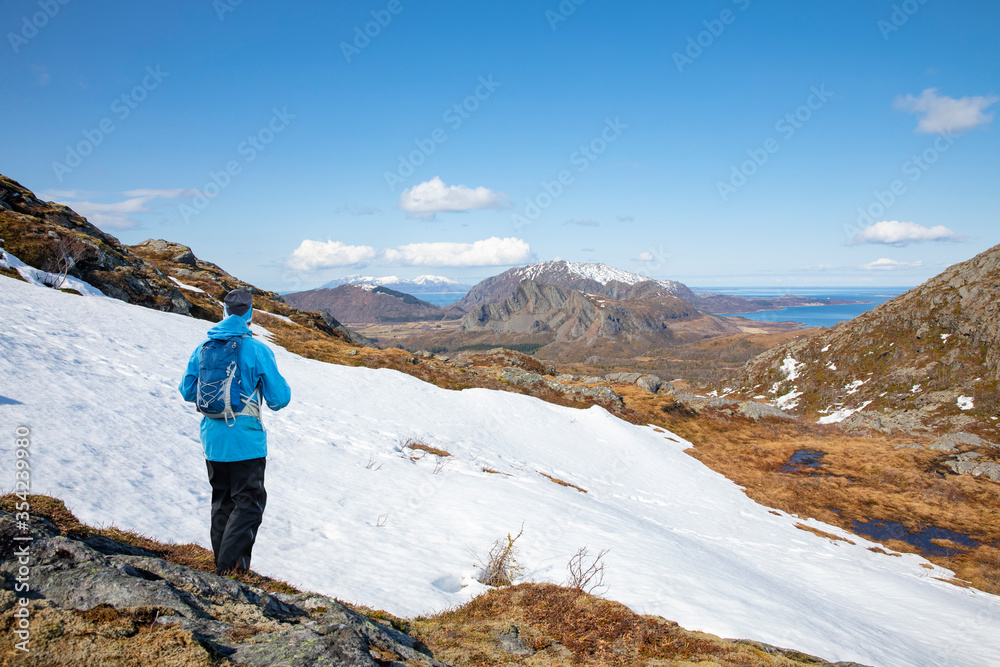 Hike in great spring weather at Salbuhatten in Bronnoy municipality, Nordland county