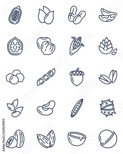 Nuts and seeds thin line icons set. Outline acorn, almond, macadamia, chickpea and nutmeg isolated vector illustration collection. Nature and healthy food concept