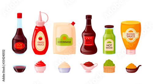 Sauce set with ketchup, soy, mayonnaise, mustard, bbq, wasabi in bowls. Sauce bottles of glass, plastic, wood isolated on white background. Fast food packaging template, vector illustration.