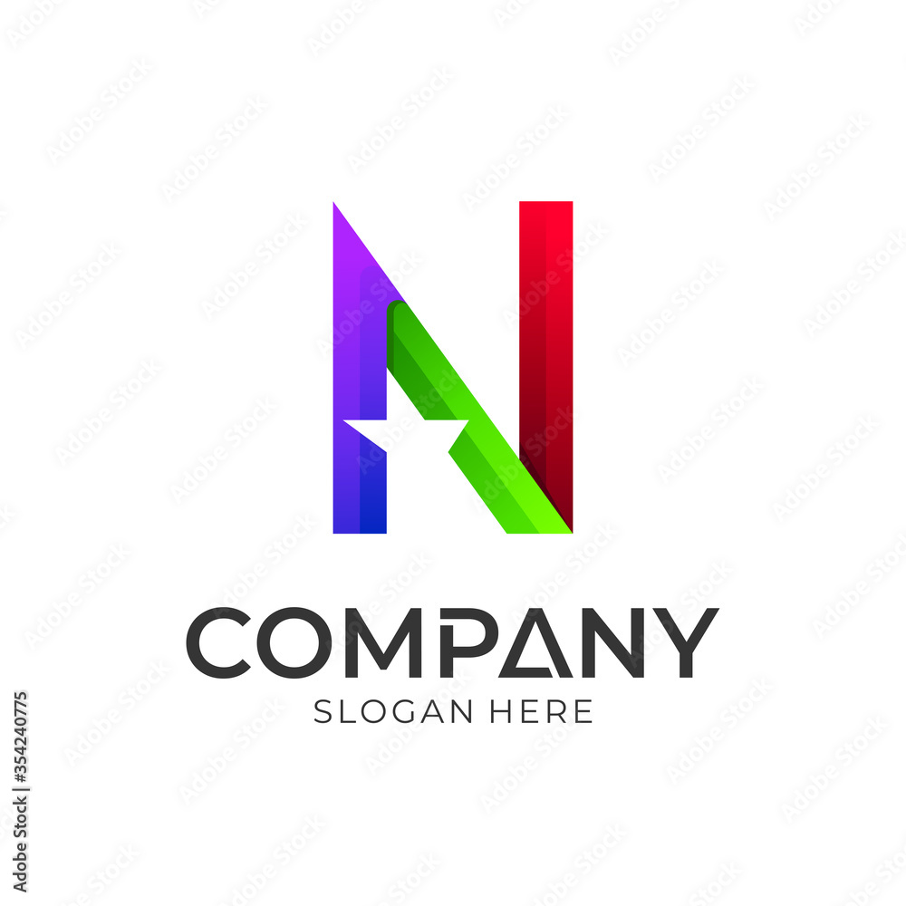 vector logo of letter n with star shape, colorful line style, creative letter n combined with shooting stars vector logo of letter n with star shape, colorful line style, creative letter n combined with shooting stars