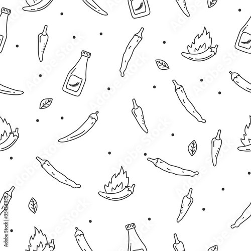 Chili doodle seamless pattern in black and white design suitable for background 