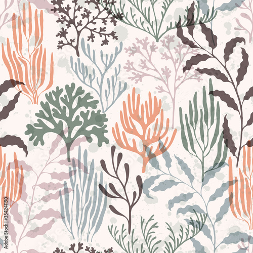 Coral polyps seamless pattern., Ocean depth undersea bottom coral reef flourish.