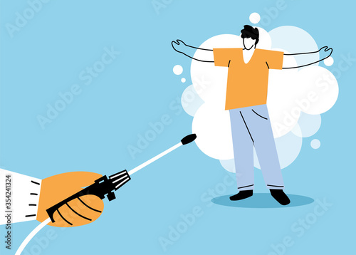 hand with atomizer and sprayer, cleaning and disinfecting coronavirus