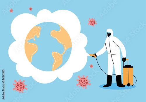 men wearing a protective suit disinfects vehicles by coronavirus or covid 19