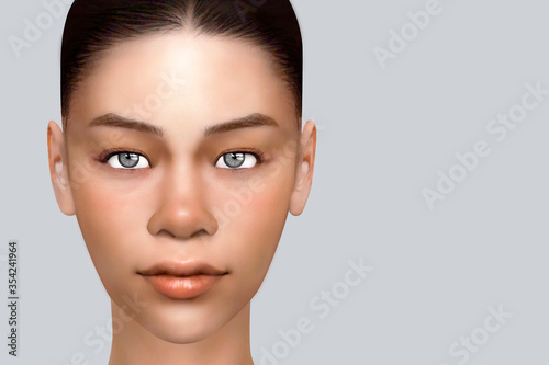 The face of a young beautiful girl with full lips. Beauty, fashion, self-care, cosmetics, makeup, health, beauty salon. Close-up portrait. Cosmetic illustration.