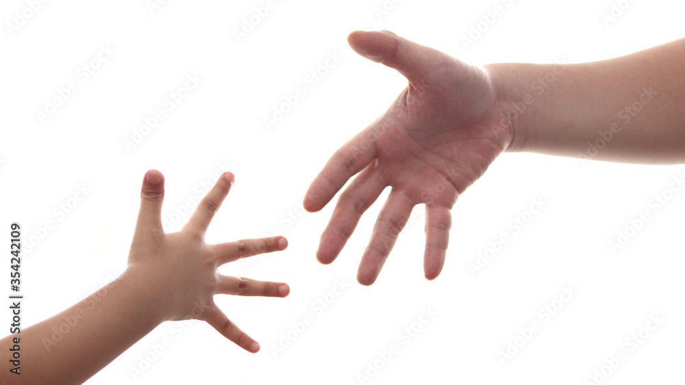 Small child's hand reaches fathers hand man isolated on white background