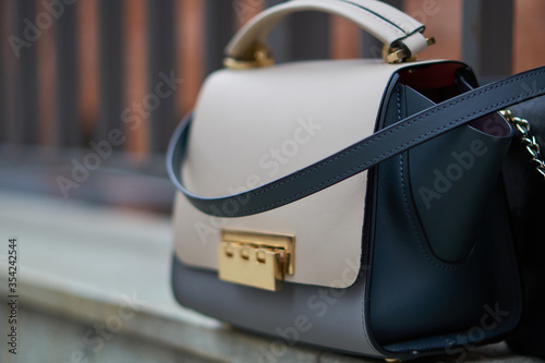 Women's bag black and white on the street. Accessory. Item for fashion. High quality photo