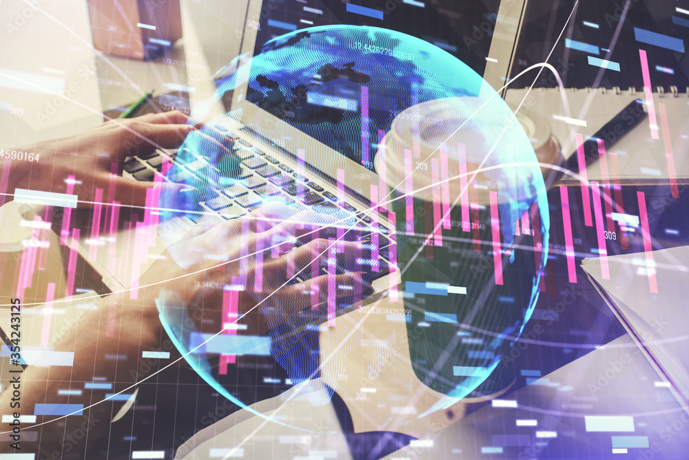 Double exposure of woman hands typing on computer and forex chart hologram drawing. Stock market invest concept.