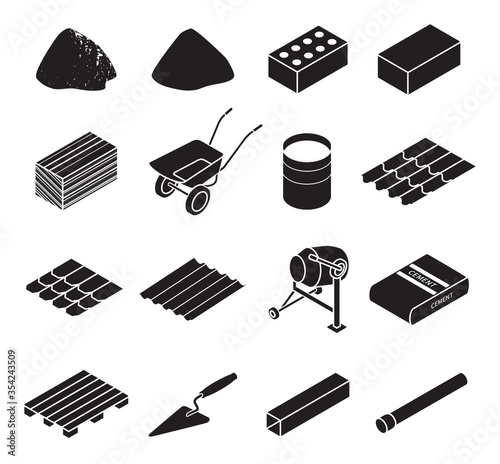 Construction material black set icon. Vector illustration building material on white background . Isolated black set icon construction equipment .